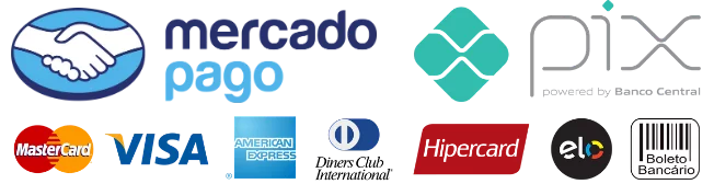 Formas de Pagamento aceitas: Cartões de Crédito Visa, Mastercard, Elo, Hipercard, American Express, Boleto e Pix.