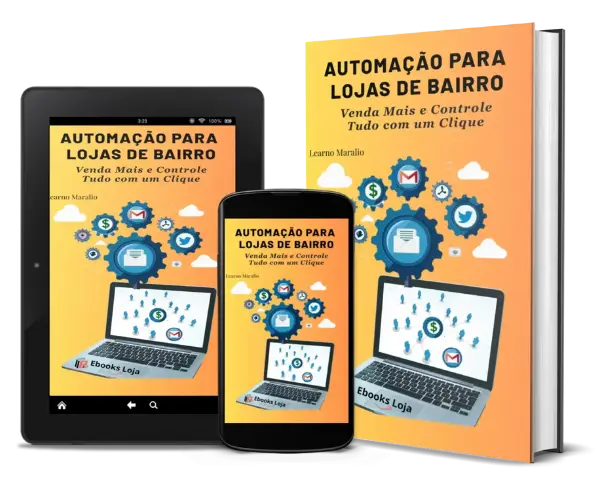 Capa do ebook Automação para Lojas de Bairro com ícones de gestão e crescimento.