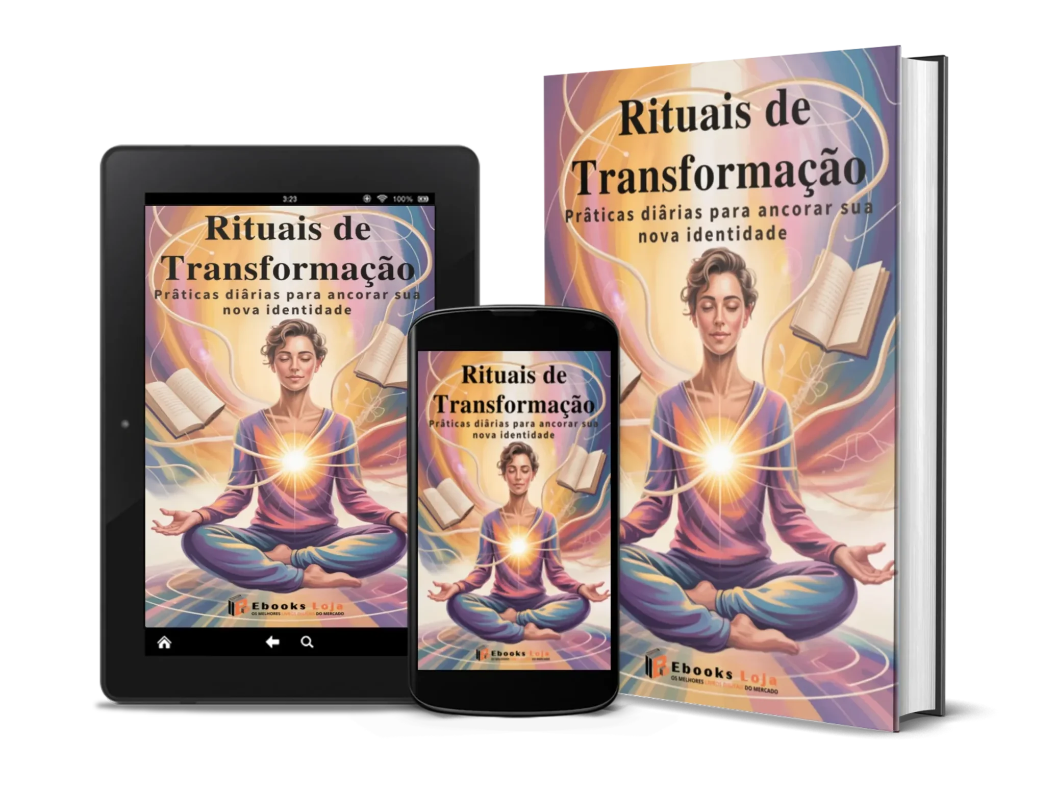 Capa do Ebook Rituais de Transformação: mulher meditando com luz emanando do peito e livros ao redor.
